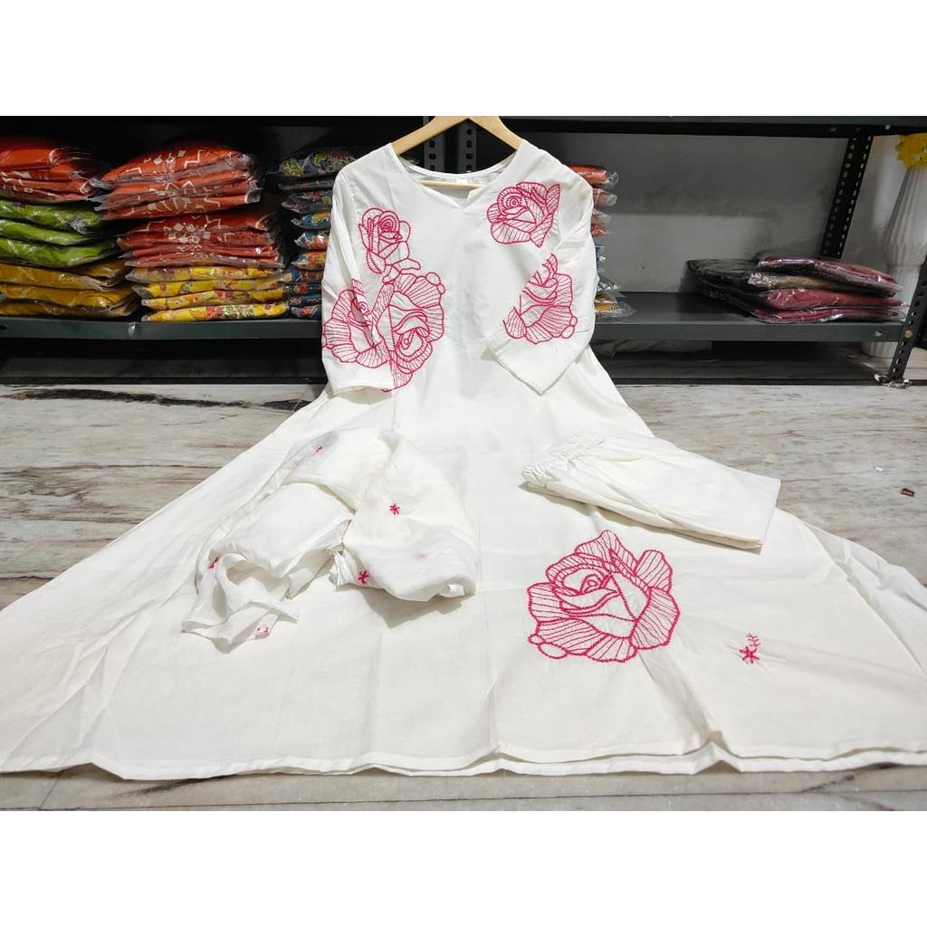 Beautiful White Pure Cotton Kurti Pant Dupatta Set Indian Designer Kurta Set