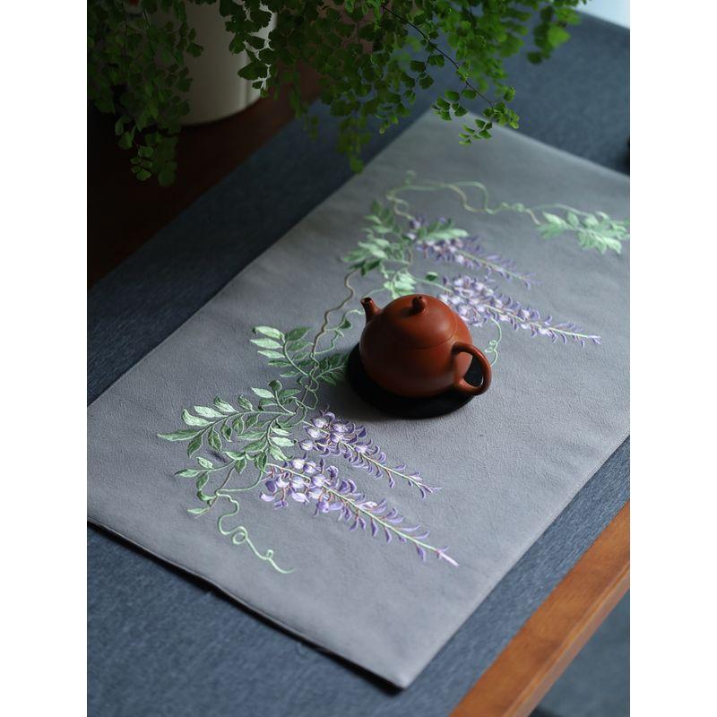 

LED Longevity Chrysanthemum Embroider Tea Mat Washed Cotton Linen Tea Mat Fabric Gift Retro Tea Cloth Chinese Dry Pour Tea Ceremony 30*50cm, cotton and linen wisteria Embroider