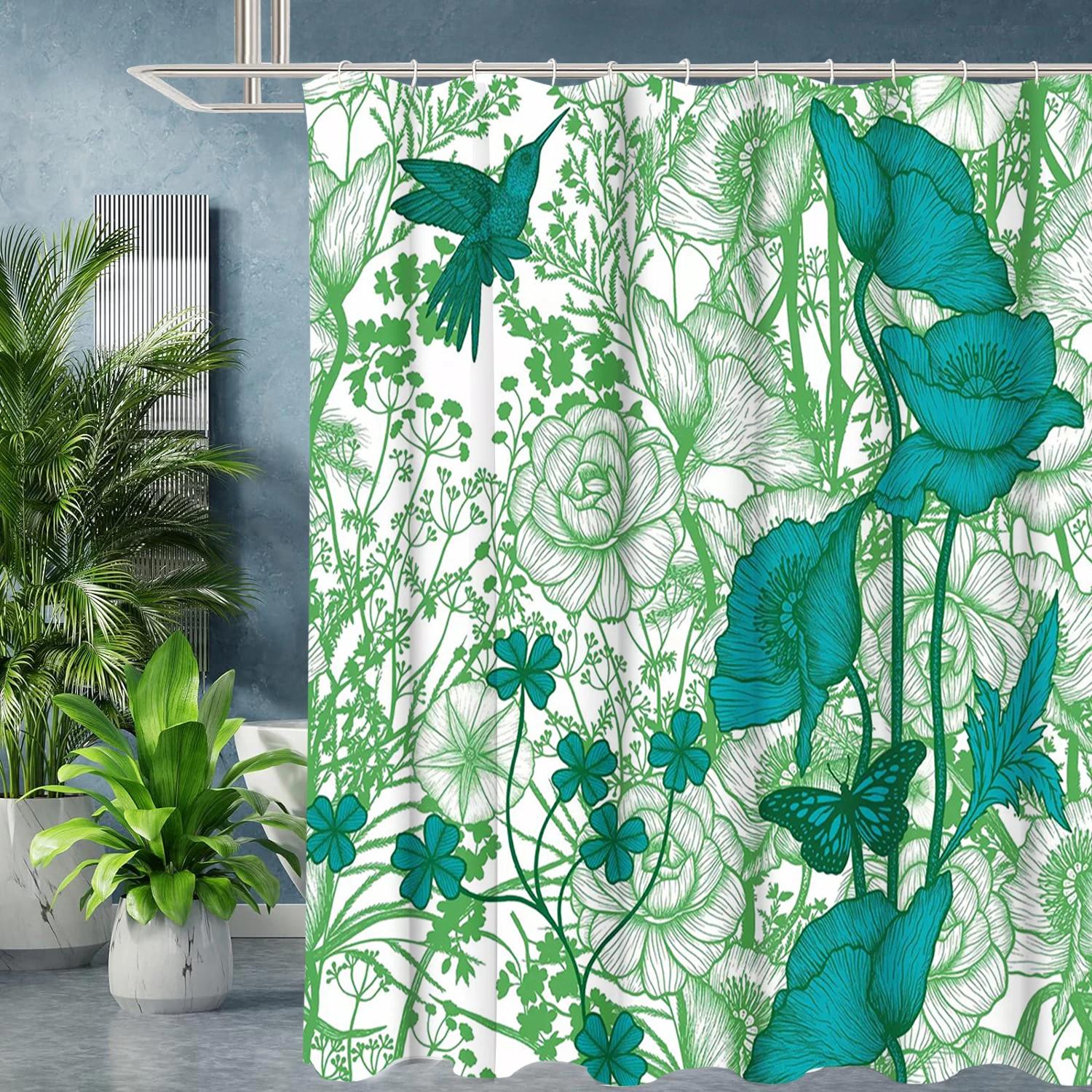

Green Plant Pattern Bathing Curtain Bathroom Shower Curtain Waterproof With 12 Hooks Home Deco W60H190(CM)-1 Pcs