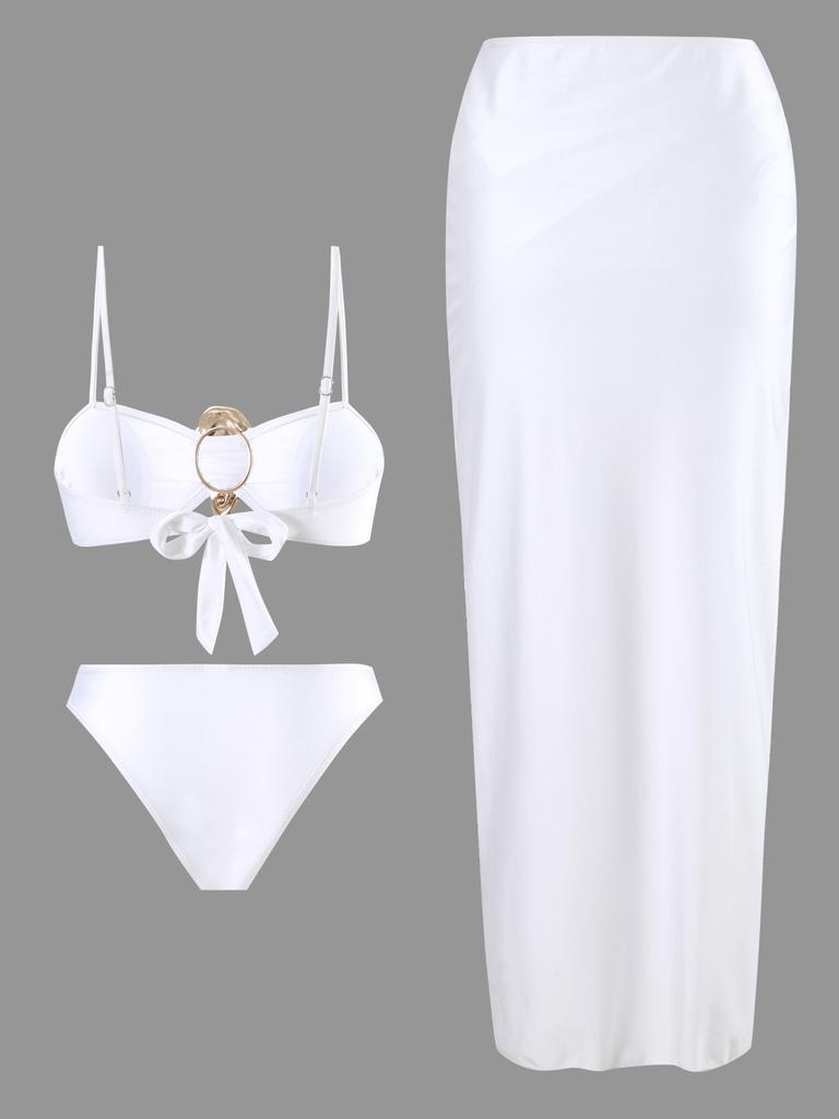 Hot Girl Style Bandeau Two Piece Bikini With Long Skirt Three Piece High Cut Swimsuit Elegant For Vacation
