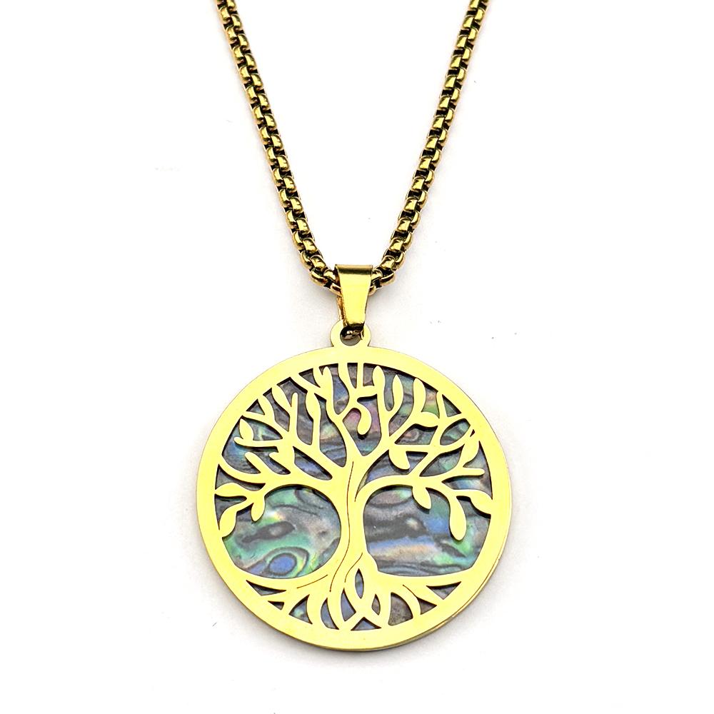 Tree of Life Imitation Abalone Shell Stainless Steel Pendant Necklace for Women Men Gold Silver Color Chain Necklaces Jewelry