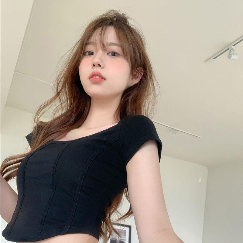 Summer Korean Fashion Y2K T-shirt Woman Japanese Square-neck Sexy Crop Top Women Corset Tee Shirt Vintage White Tshirt Cloth