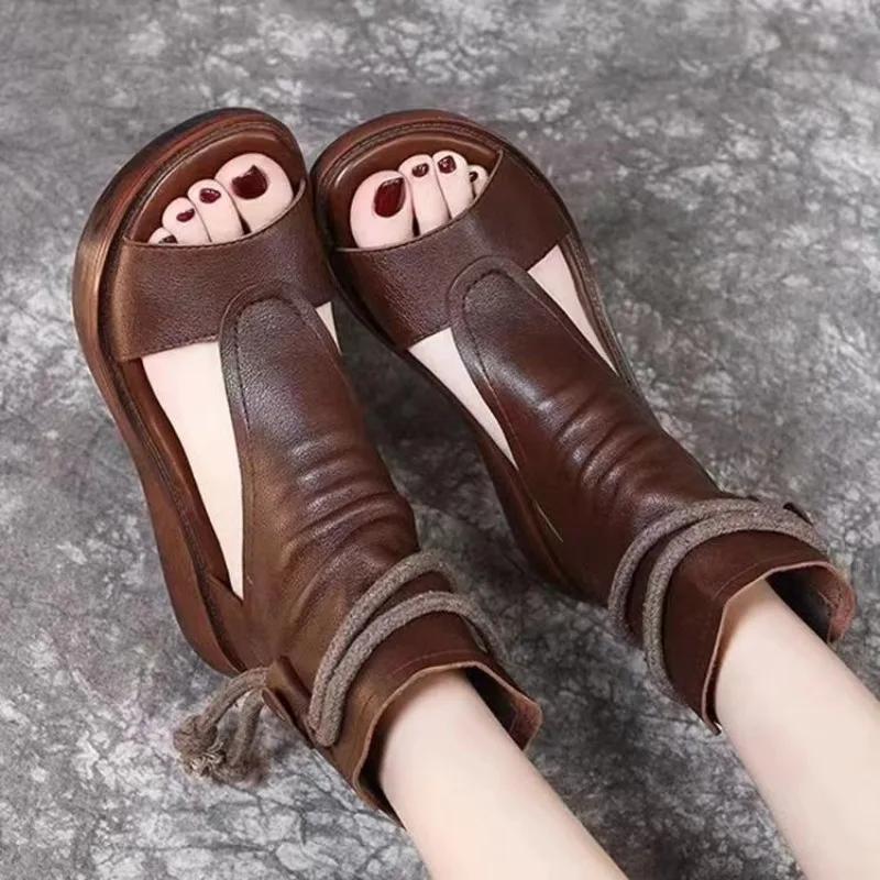Large Sandals 2025 Summer New Soft Leather Thick Bottom Casual Sandals Women's Fashion High Top Slope Heel Cool Boots