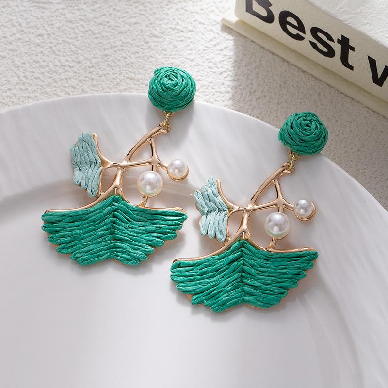 Dopamine Colored Leaves Hand-Woven Raffia Earrings Women'S Vacation Wind Sweet Temperament Unique Earrings Earrings