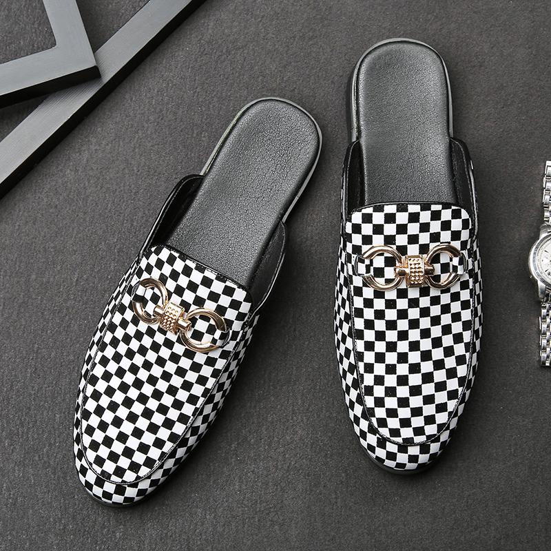 New Men Metal Buckle Half Slippers Loafers Male Casual Patent Leather Mules Moccasins Breathable Slip On Driving Shoes