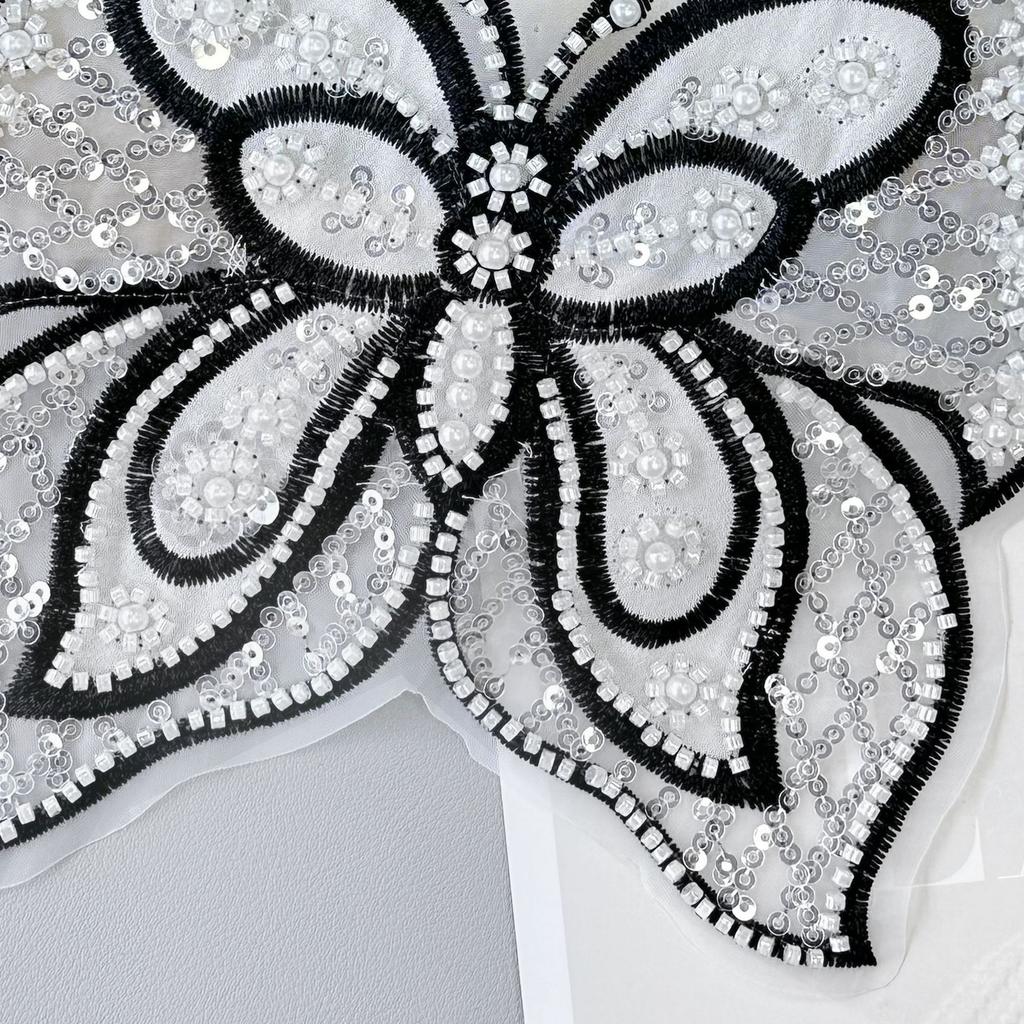 Black And White Organza Beaded Sequined Bow Cloth Sticker Versatile Top Dress Decorative Accessories Clothing Accessories