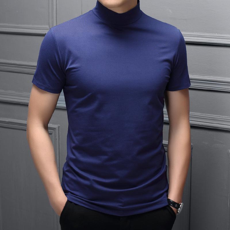 Men's Spring/Summer Milk Silk Turtleneck T-Shirt - Slim Fit, Solid Color, Short Sleeve
