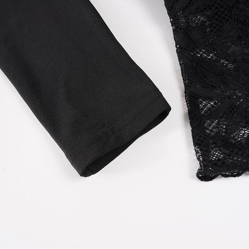 European & American One-Shoulder Lace Patchwork See-Through Cropped T-Shirt