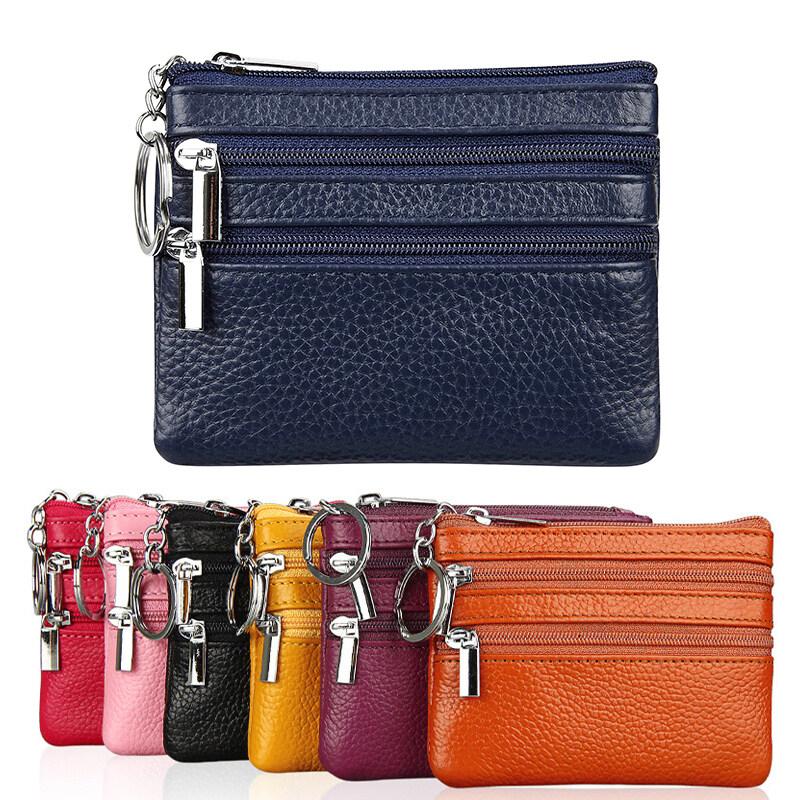Women's Genuine Leather Coin Purse Mini Pouch Change Wallet with Keychain NEW Three Zipper Fashion Multicolor