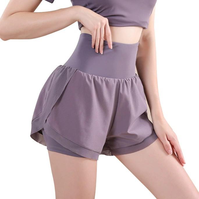 Women's High-Waist Quick-Dry Yoga Running Shorts - Slim Fit, Breathable, Fake Two-Piece, Three-Quarter Length, Loose Fit.