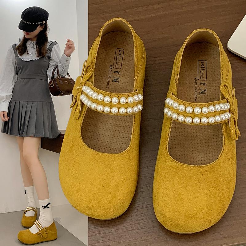 Fashion 2025 NEW Pearl Knot Casual Single Shoes for Girls Retro Leather Shoes Spring Autumn New Arrival  Version Versatile