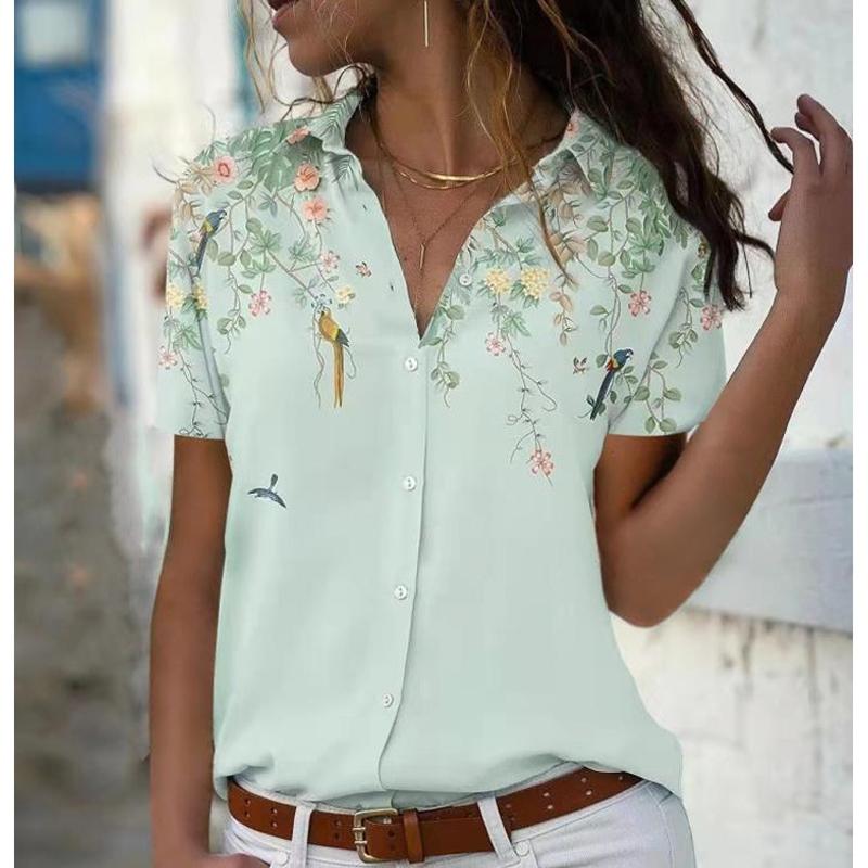 

Летняя печатная офисная рубашка с коротким рукавом, модная женская новая повседневная простая блузка с лацканами больших размеров 2025 года, элегантные свободные топы, женская одежда 5XL светло-зеленый