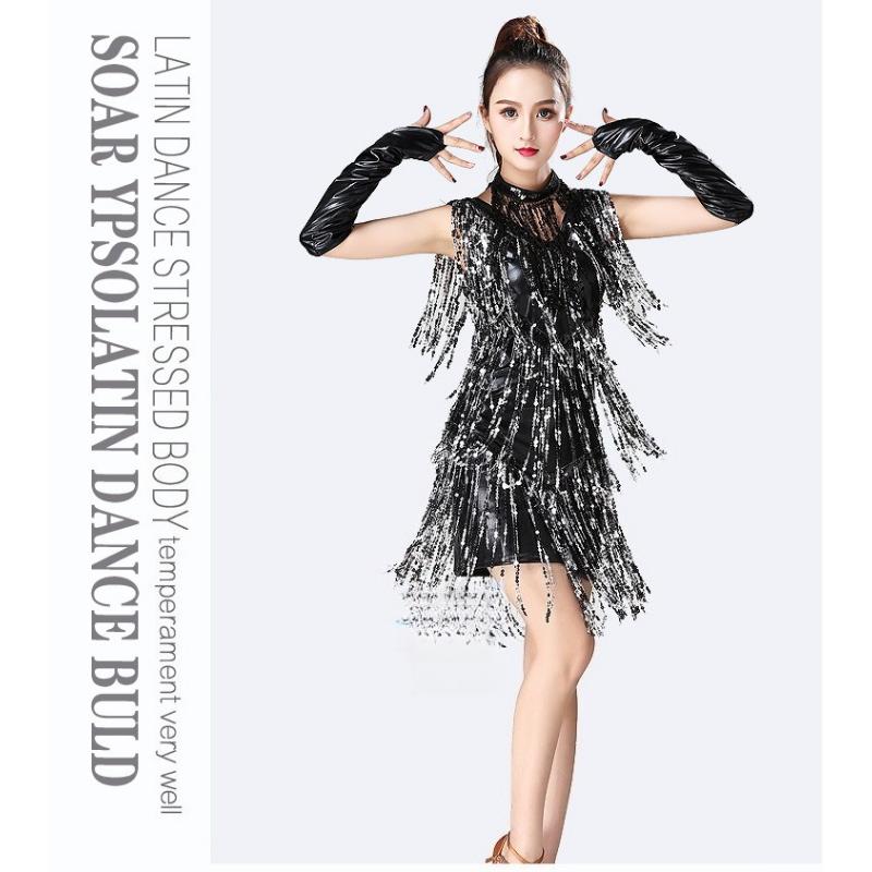 

Sexy Shiny Flapper Gatsby Dress Double V-Neck Sleeveless Sequin Tassel Latin Jazz Party Dance Dress Vestido 2XL чорний/білий