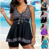 Elegant Womens Fashion Plus Size V Neck Skirted Print Front Tankini Swimsuit