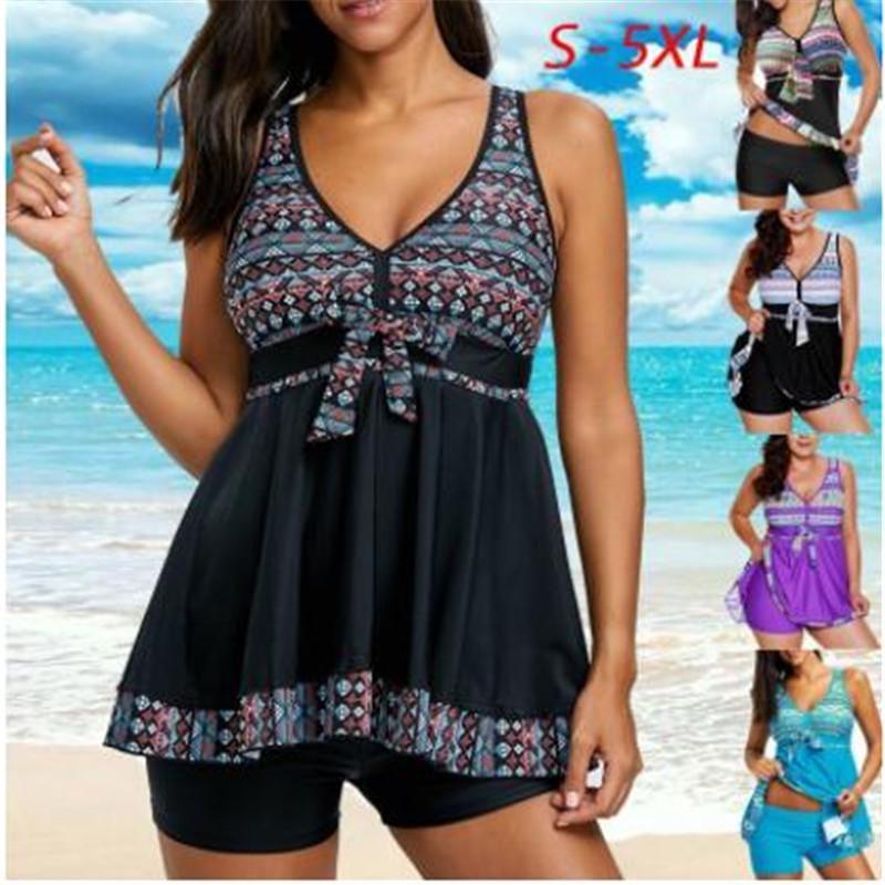 Elegant Womens Fashion Plus Size V Neck Skirted Print Front Tankini Swimsuit
