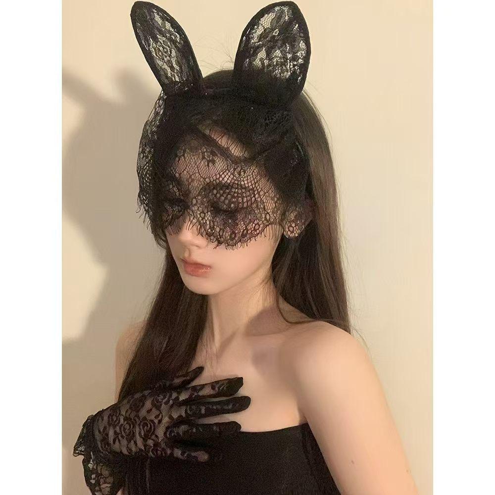 Halloween Bunny Ear Lace Eye Mask Veil - Sexy Animal Ear Headdress & Hair Accessories for Women