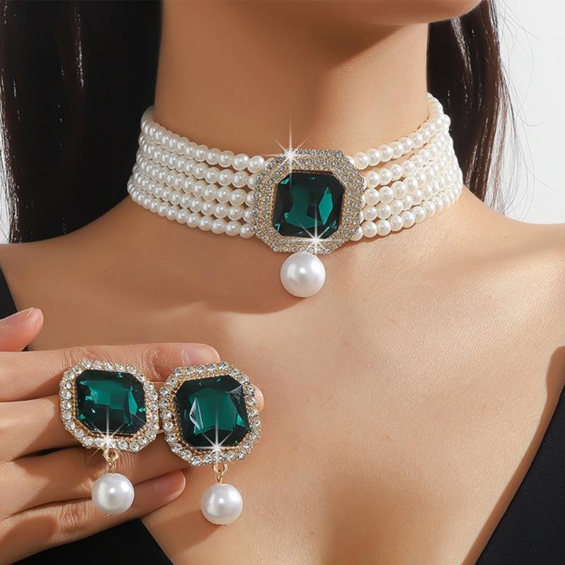 Pack Of 1 Set Elegant Multilayer Faux Pearls And Geometric Crystal Necklace and Earrings Set For Women Lady