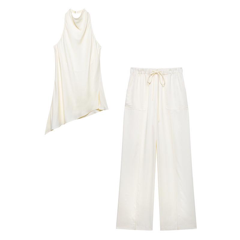 Satin Solid Color Silk Halter Neck Top + Wide Leg Pants - New European American Arrival