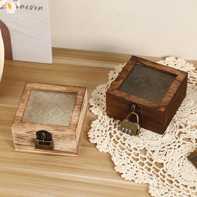 Lockable Begonia Glass Storage Box - Retro Wooden Dressing Table Organizer