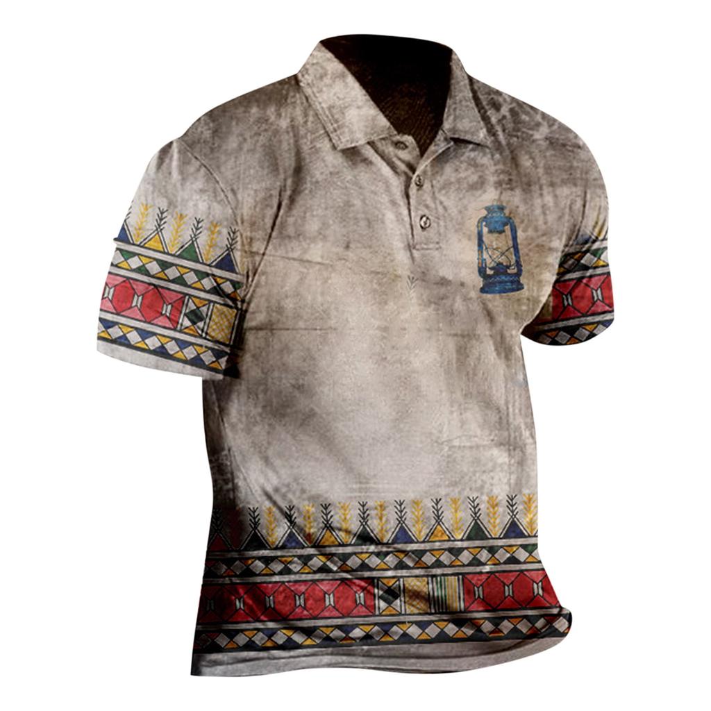 Western  Men's Top Printed Short Sleeve Flip Tie Button Fashion Loose Shirt