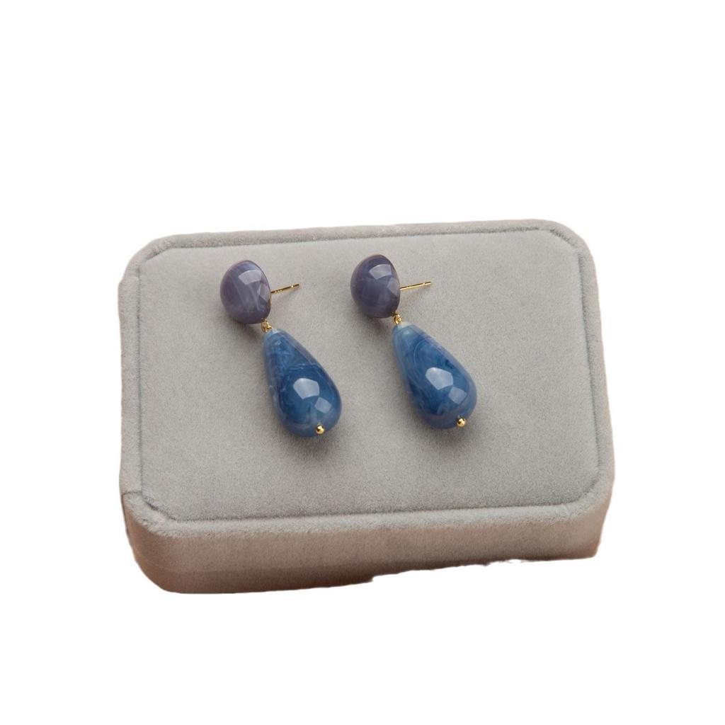 Hong Kong Style Retro High-End Blue Drop Earrings for Women