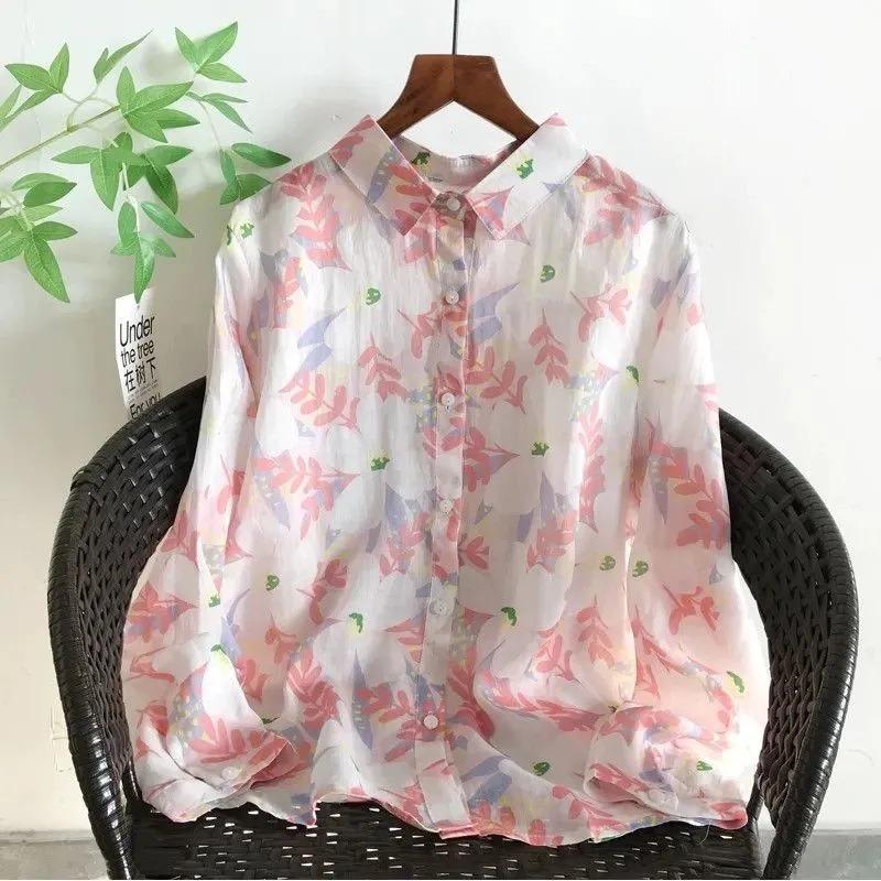 Women's Polka Dot Linen Blend Shirt Oversized Button Down Long Sleeve Casual Summer Top