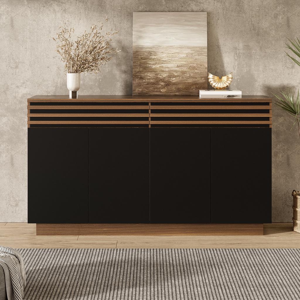 Modern Sideboard 150 x 40 x 85 cm in Brown Wood Look with Black Doors, 2 Drawers & 4 Doors – Stylish Design for Living Room, Dining Room & Kitchen