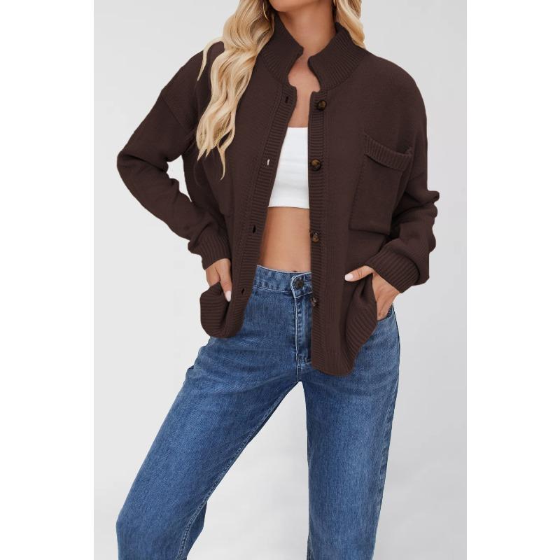 DICFY Women's Vintage Casual Solid Color Print Autumn Winter Long Sleeve POLO Neck Jackets & Coats