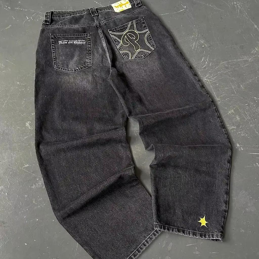 Streetwear Y2K Hip Hop Retro Blue Loose Jeans Harajuku Jeans Men's Pants High Waist Loose Letter Embroidered Trousers