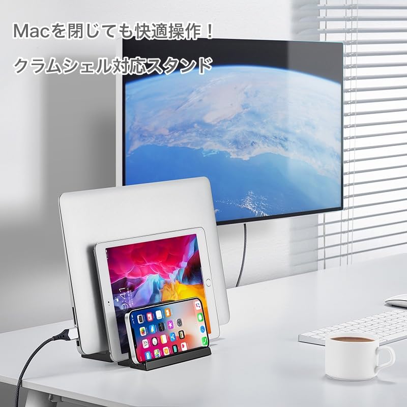 GemRich Vertical Laptop PC Stand with Tablet Storage for MacBook and Stylish Acrylic Clear Black Stand, iPad, Pro, Air, 3-Slot