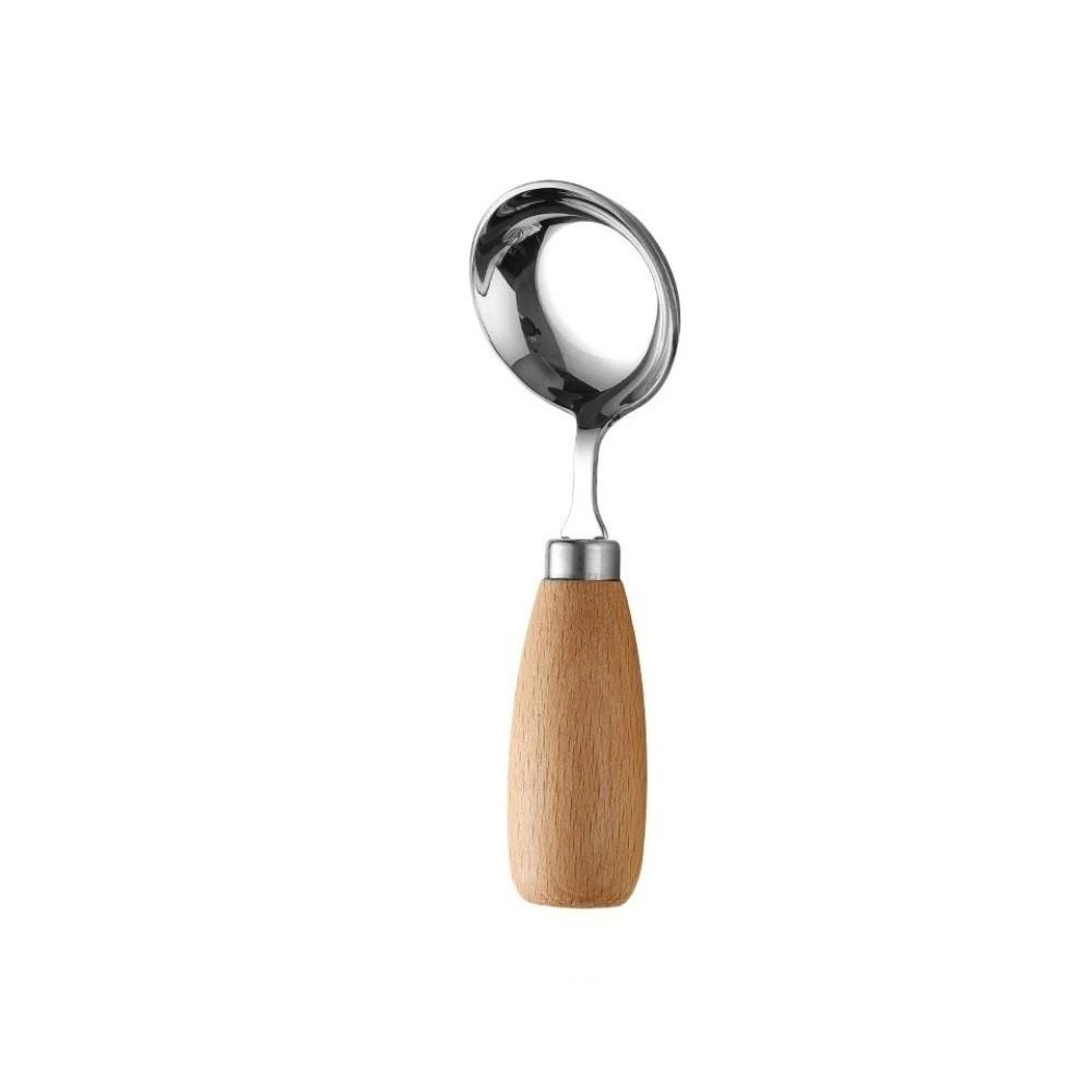 Wooden Handle Kids Spoon Round Bottom Standing Rice Spoon Stainless Steel Soup Spoon  Baby Feeding Long Light Brown