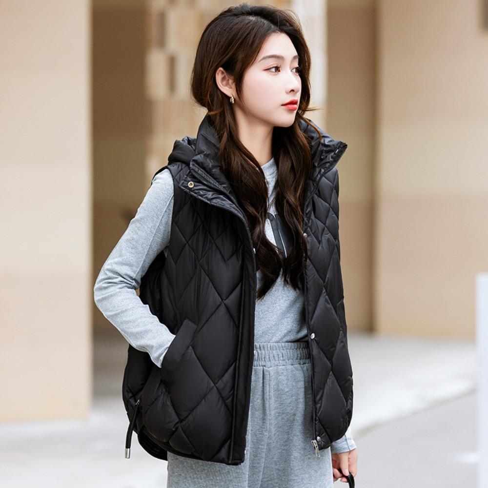 Women's Hooded Diamond‑Quilted Puffer Vest Sleeveless Drawstring Hem Warm Casual Winter Gilet Waistcoat