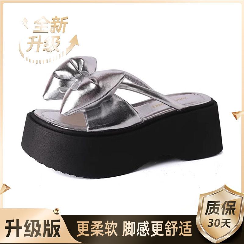 French black platform heightening sandals female 2025 summer new gentle fairy wind bow word slippers