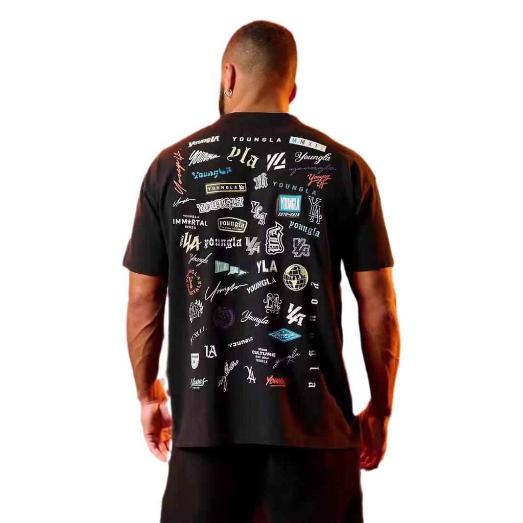 Summer Full Back Printed Short-Sleeved Men'S Loose 240G Celebrity Wall T-Shirt Cotton Round Neck Casual Fitness Sports Short-Sleeved Men