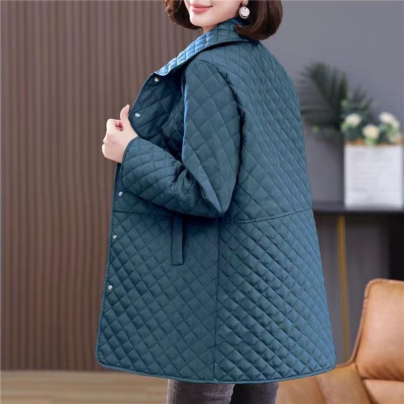 Women's Winter Diamond Check Long Warm Jacket Thickened Warm Jacket Stand-up Collar Long Jacket