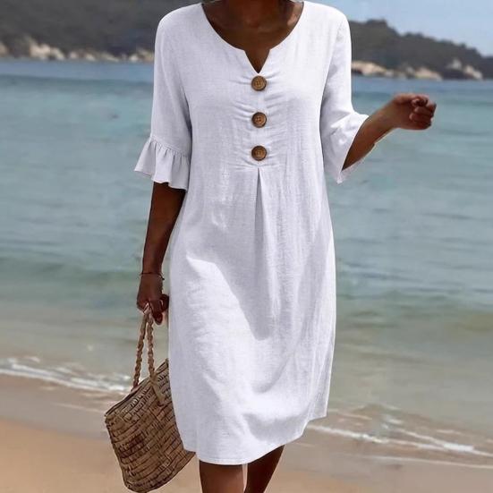 Casual Cotton Linen Midi Sundress with Ruffle Sleeves and Button Details
