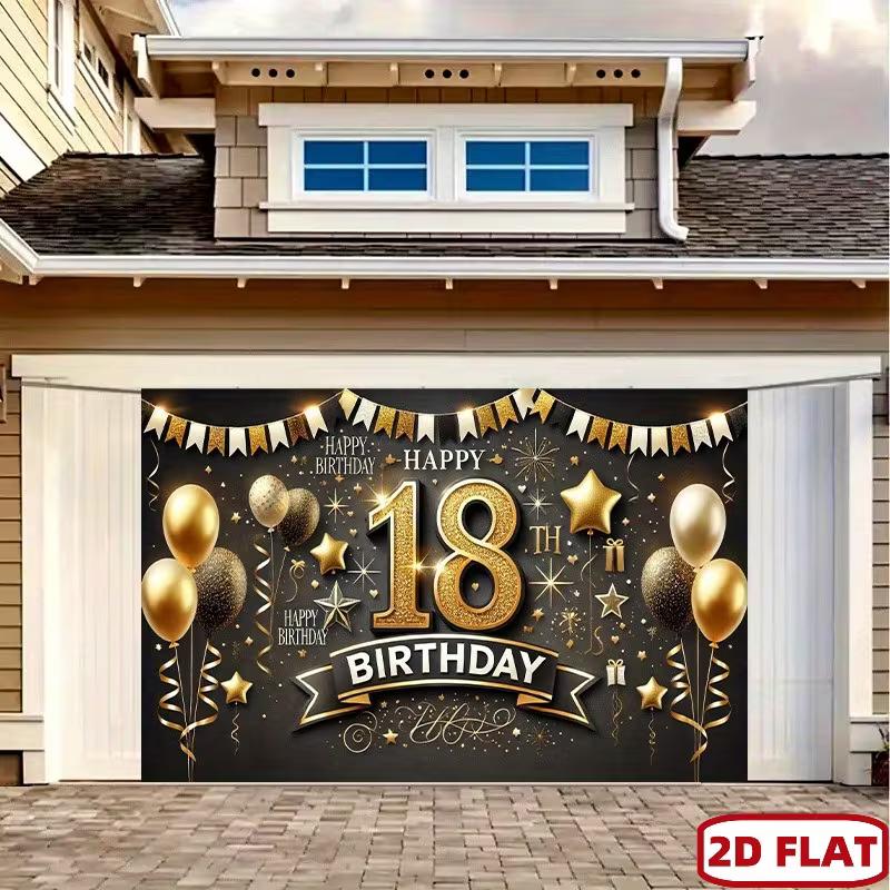 2D 18th Birthday Black Gold Star & Confetti Backdrop for Adult Party