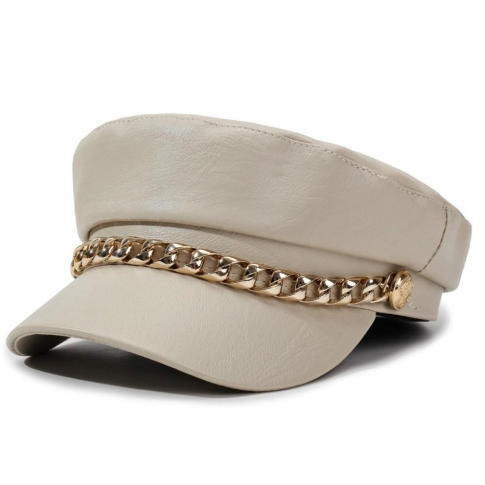 Metal Chain Decor Newsboy Cap PU Leather Flat Top Cap Stylish Baker Boy Cap For Women