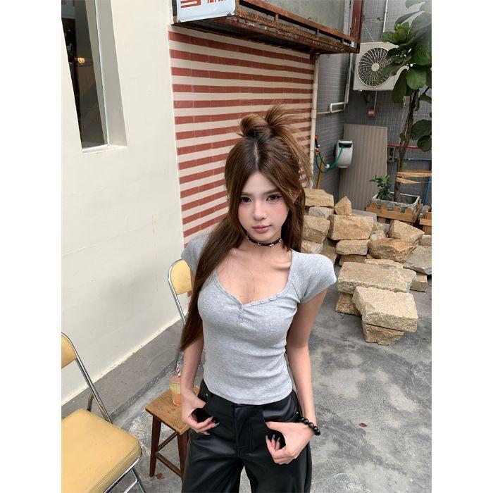American Front Shoulder Short-sleeved T-shirt Women's Summer Korean Slim-fitting and Thin Inner Bottoming Shirt Spice Girl Short Casual Top