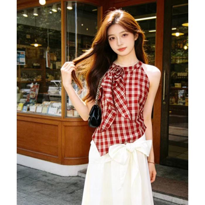 2026 Korean Style 3D Floral Vest & High Waist Apricot Mid-Length Skirt Set Extra Extra Large