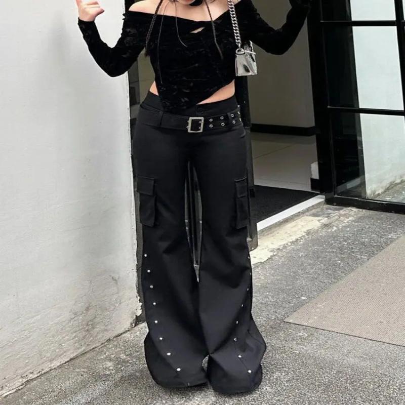Retro Pure Black Rivet Design Belt Decorative Slim Pants for Women Y2k Harajuku Goth Low-waisted Flared Pants
