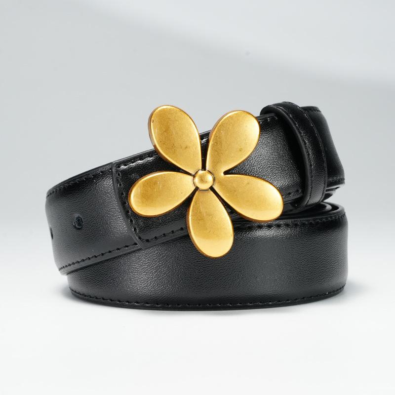 Women's Belts Flowers Fashion Decorative Belt Women's Decorative Dress Black Two-layer Cowhide Belt