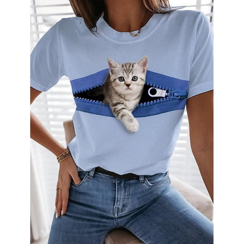 Sommer Rundhals 3D Katzenprint Top Modische Lässige Kurzarm Damen T-Shirts