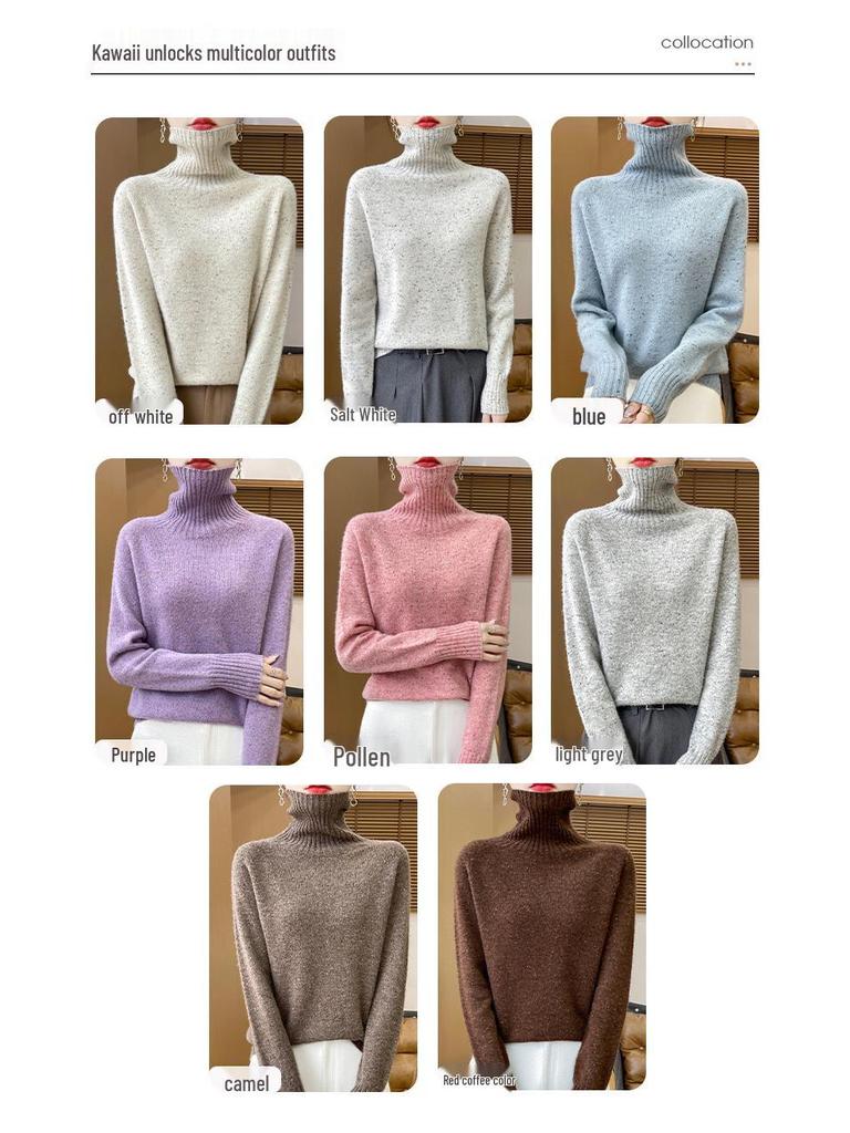 Damski sweter z wysokim dekoltem, o luźnym kroju, wykonany w 100% z wełny - Gruby, wszechstronny dziergany pulower na jesień i zimę