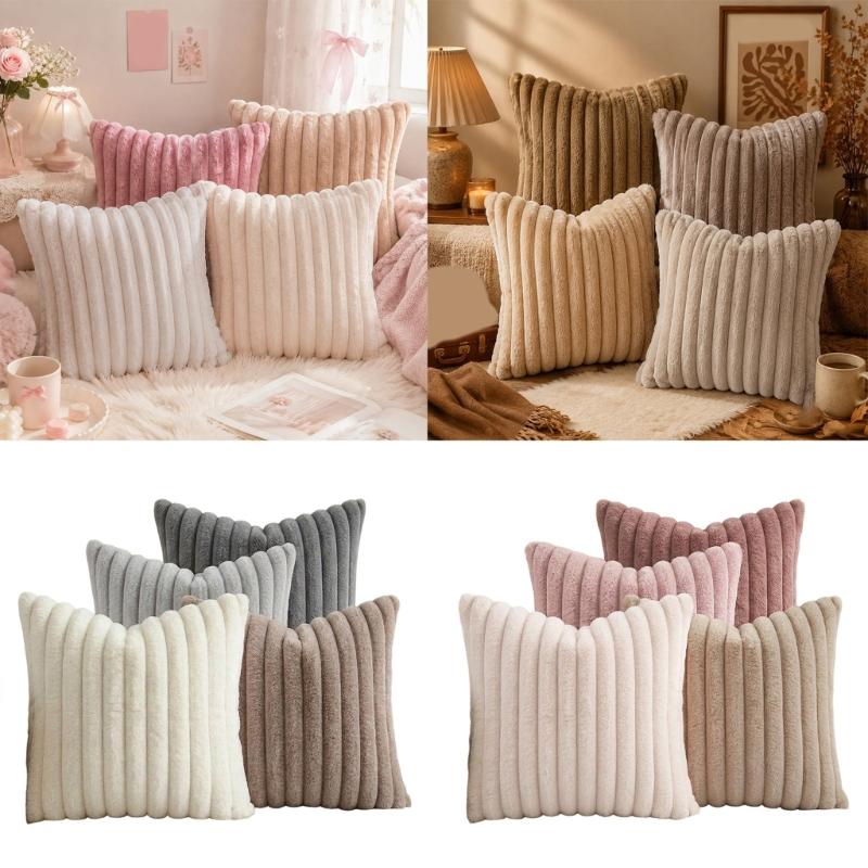 Guest Room Pillowcase Set of 4, 45 x 45 cm with Ribbed Front and Smooth Reverse for Sofa Line Indoor Seating Use