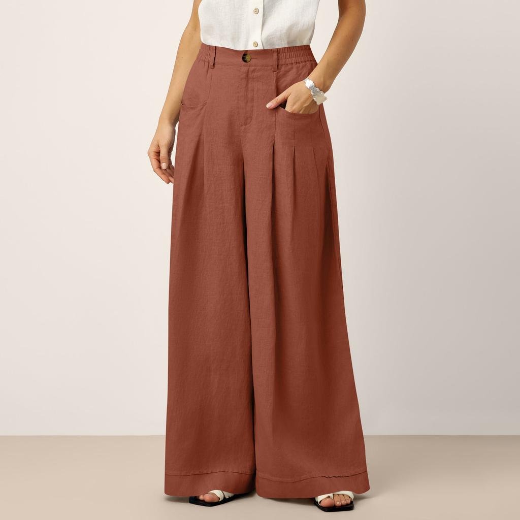 Women Wide Leg Trousers High Waist Pleated Loose Fit Pants with Pockets Button and Zip Closure for Office Casual Wear