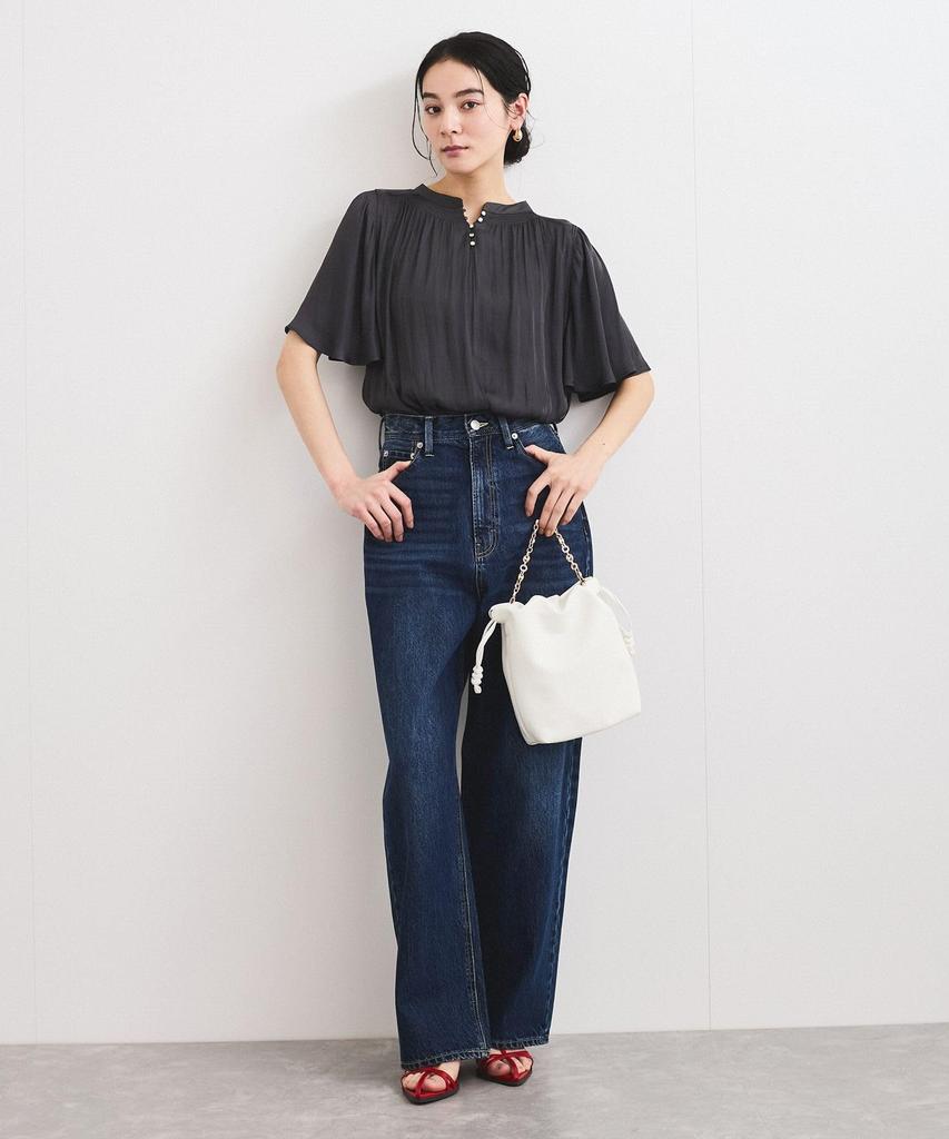 Charcoal [BIS] Women's 2-Way Split-Fiber Half-Sleeve Blouse,