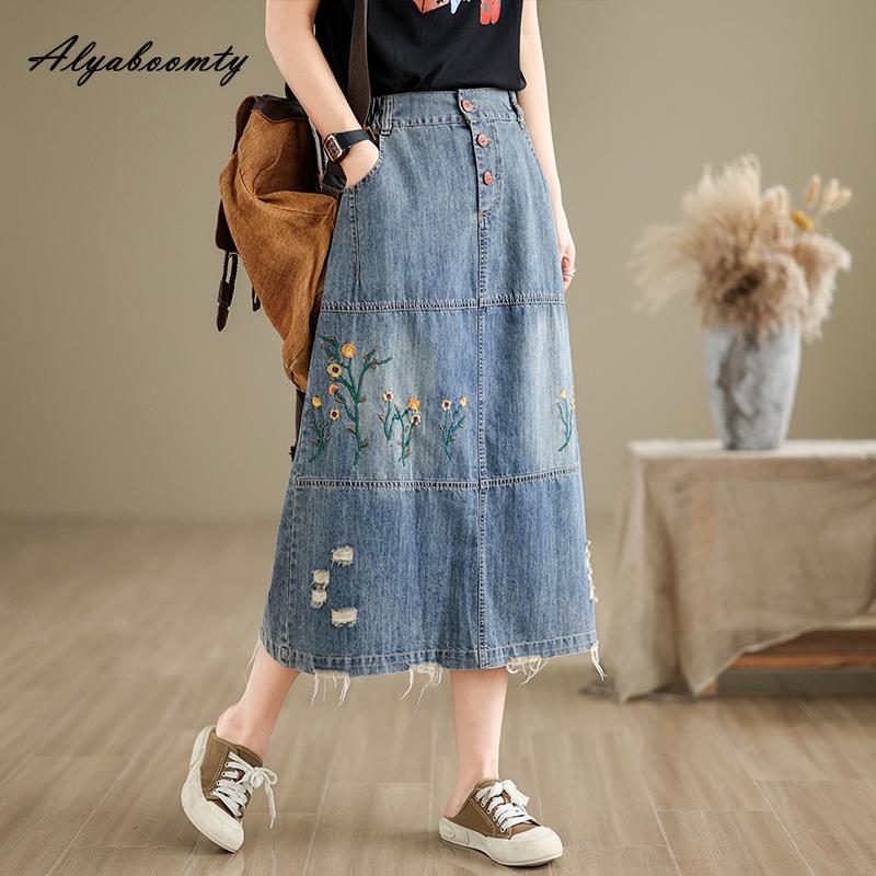 Denim Skirt Floral Midi Skirt Plus Size CJ Banks Plus Sz 24W Black