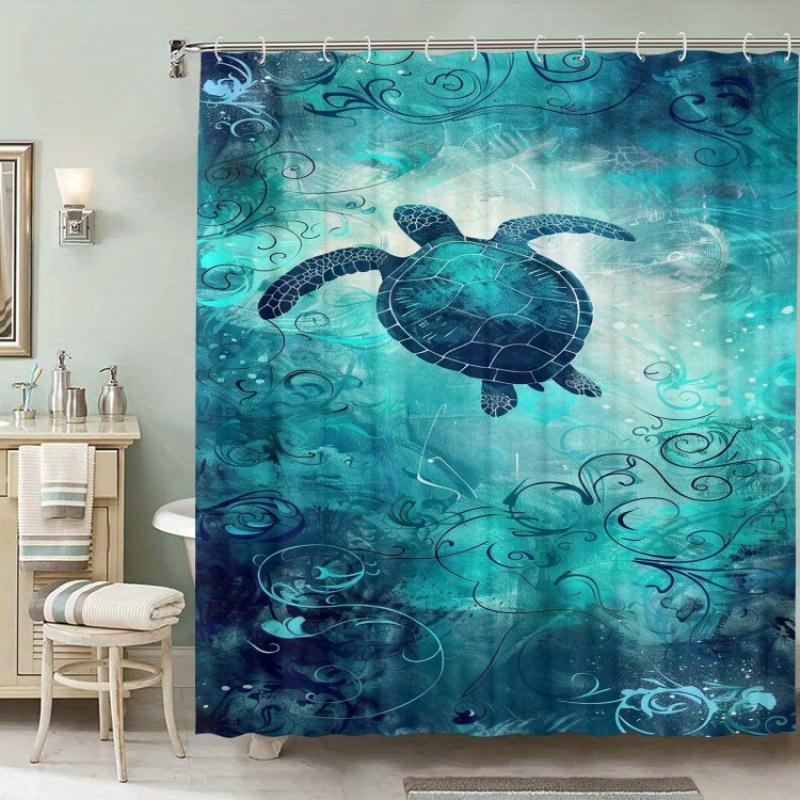 Waterproof Non-Woven Shower Curtain With Sea Turtle Pattern, Artistic Ocean Theme Bathroom Decor, With Hooks, Machine Washable