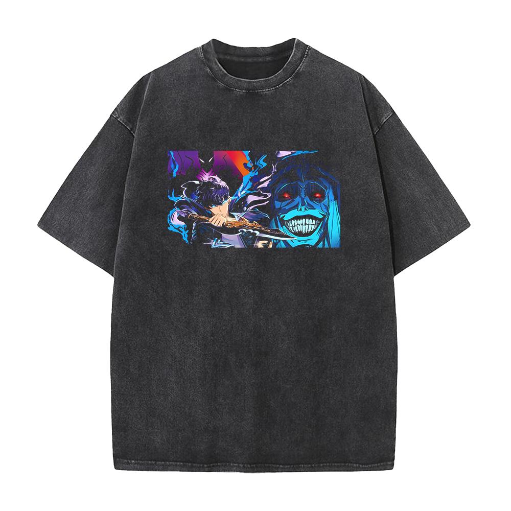 

Горячая Аниме Футболка с принтом Sung Jin-Woo из Solo Leveling, выстиранная, мужская, манга, хлопковая, повседневная, свободная, уличная футболка Харадзюку для мужчин XXL чёрный